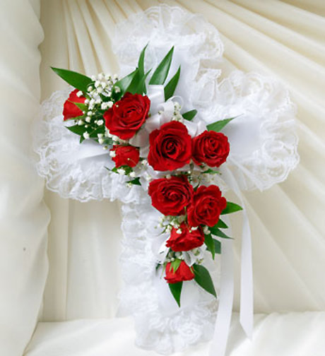 Red & White Satin Cross Casket Pillow